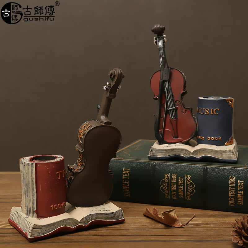 Retro Musical Instrument Pen Holder for Desk Organization, Creative Student Art Decor