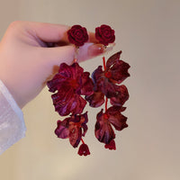 Red Rose Long Dangle Earrings Vintage Exaggerated Vacation Style Beach Statement Earrings for Women