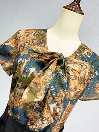 Women's Mid-Length Black Short Sleeve A-Line Dress with Bowknot Detail
