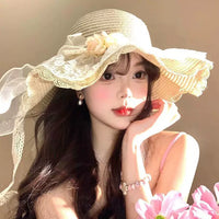 Women's Lace Flower Bowknot Straw Hat Summer Large Brim Sun Protection Beach Hat