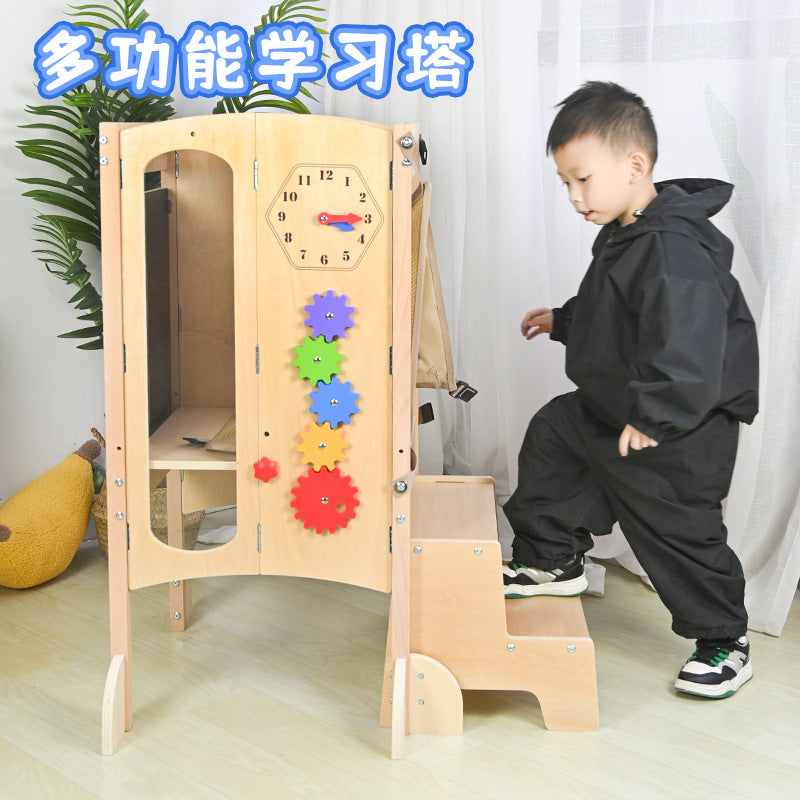 Wooden Foldable Montessori Learning Tower for Kids, Multi-functional Climbing Frame for Early Education