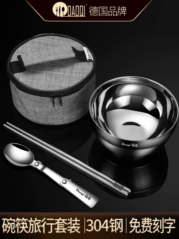 Portable 304 Stainless Steel Bowl and Cutlery Set for Travel, Outdoor, Kids, and Students