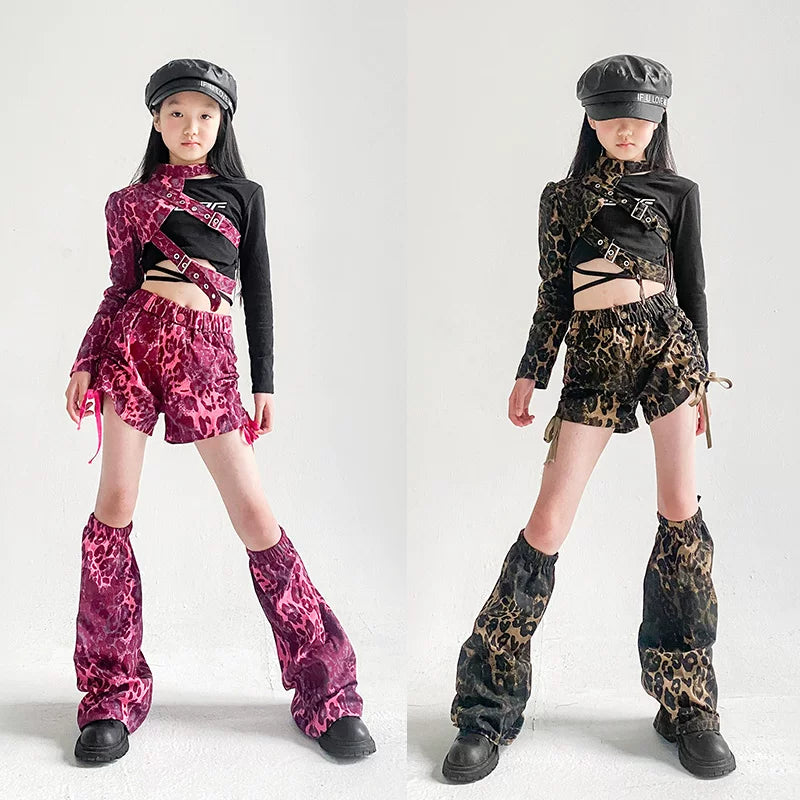 Girls' Leopard Print Cargo Pants Set for Street Dance & Performance