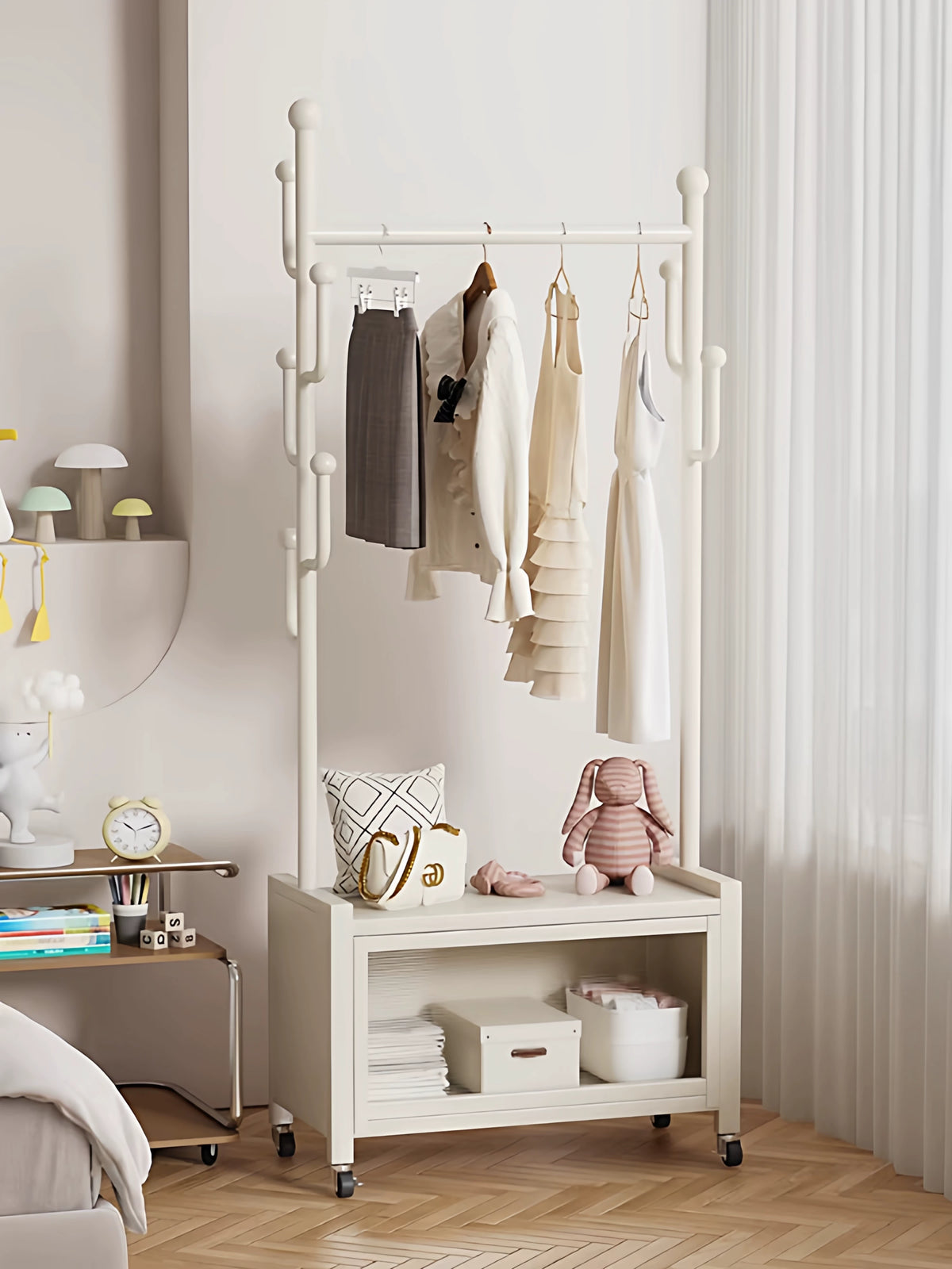 Mobile Garment Rack with Storage Cabinet and Hooks, Heavy-Duty Clothes Organizer for Bedroom Living Room Balcony