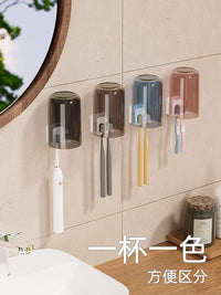 Wall-Mounted Toothbrush Holder with Tumblers, No-Drill Bathroom Organizer for Toothbrushes and Mouthwash Cups