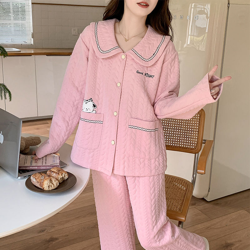 Women's Cotton Quilted Pajama Set, Long Sleeve, Long Pants, Doll Collar, Sweet Homewear