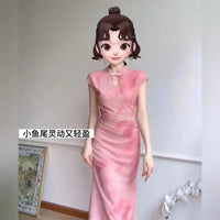 New Chinese Style Pink Cheongsam Dress for Women, Summer Slim Fit Qipao with Disc Buckle