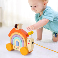 Wooden Pull-Along Snail Rainbow Stacking Blocks Toy for Toddlers