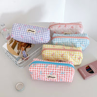 Cream Plaid Bowknot Pencil Case Portable Stationery Storage Bag for Students