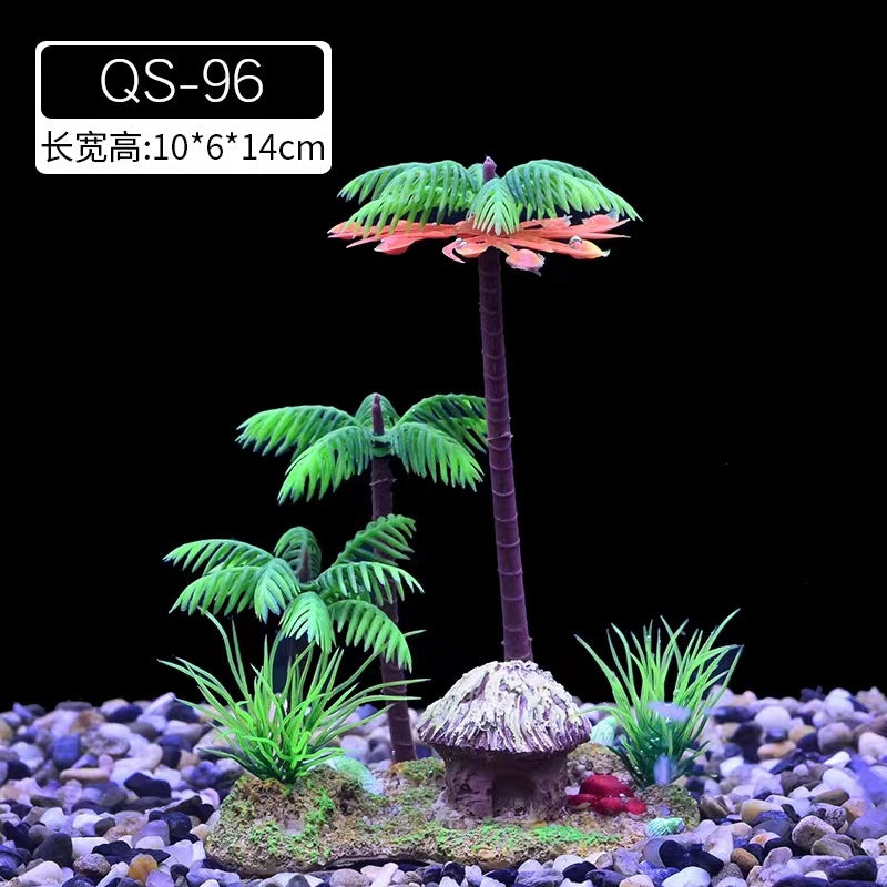 Aquarium Artificial Coconut Tree Decoration with Flowers for Fish Tank Landscaping