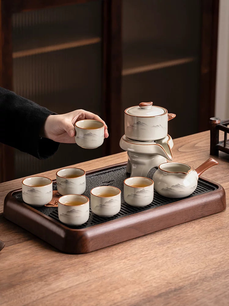 Ru Kiln Automatic Tea Set with Rotating Teapot and Cups for Home Use