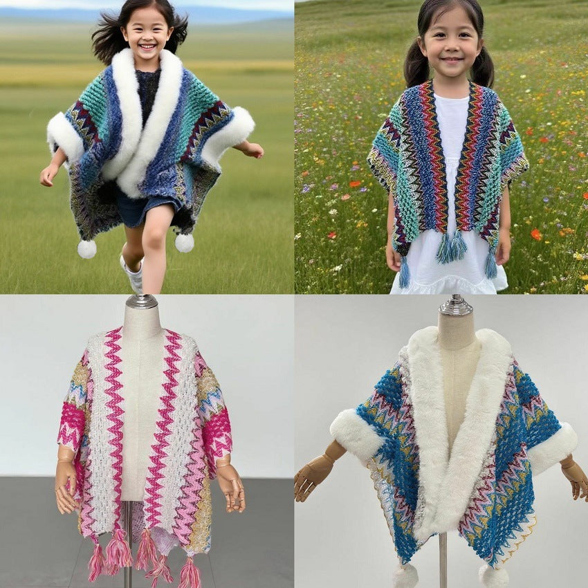 Kids' Ethnic Style Knitted Cardigan with Faux Fur Collar - Yunnan Lijiang Travel Cape