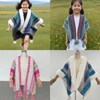 Kids' Ethnic Style Knitted Cardigan with Faux Fur Collar - Yunnan Lijiang Travel Cape