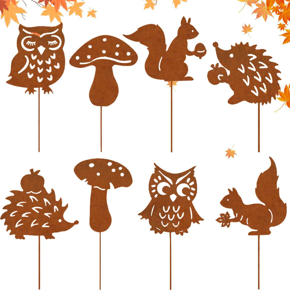 Rustic Metal Garden Stakes - Hedgehog, Owl, Mushroom, Squirrel Decor for Indoor/Outdoor Yards