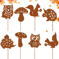 Rustic Metal Garden Stakes - Hedgehog, Owl, Mushroom, Squirrel Decor for Indoor/Outdoor Yards