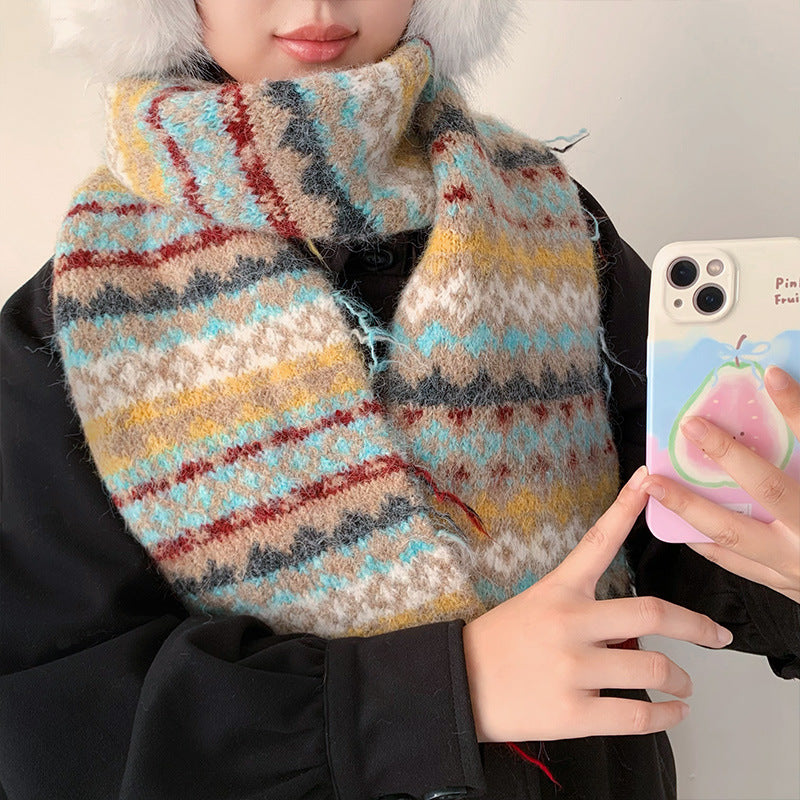 Fair Isle Colorblock Knitted Scarf for Women, Warm Retro Winter Neck Warmer