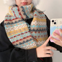 Fair Isle Colorblock Knitted Scarf for Women, Warm Retro Winter Neck Warmer