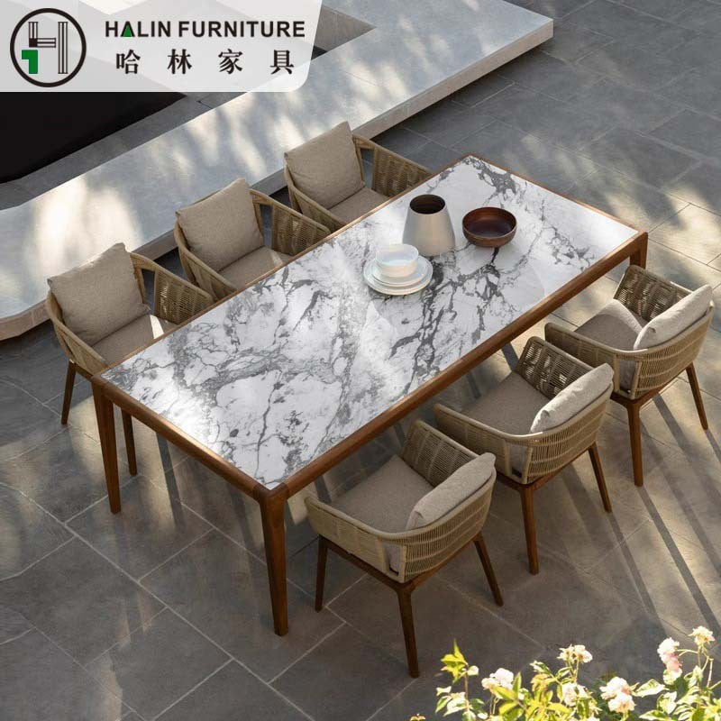 Outdoor Wicker Dining Set with Teak Legs and Rock Slab Tabletop for Patio Garden