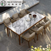Outdoor Wicker Dining Set with Teak Legs and Rock Slab Tabletop for Patio Garden