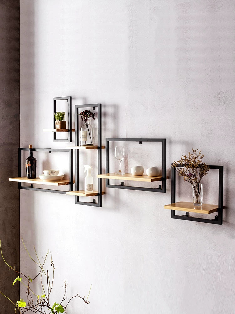 Nordic Solid Wood & Iron Wall Shelf Set for Living Room Decor
