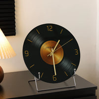 Retro Vinyl Record Desktop Clock with Stand, Italian Minimalist Tempered Glass Table Clock for Living Room Decor