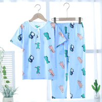 Kids' Summer Pajama Set, Thin Cotton Blend Short Sleeve Top & Long Pants for Boys and Girls