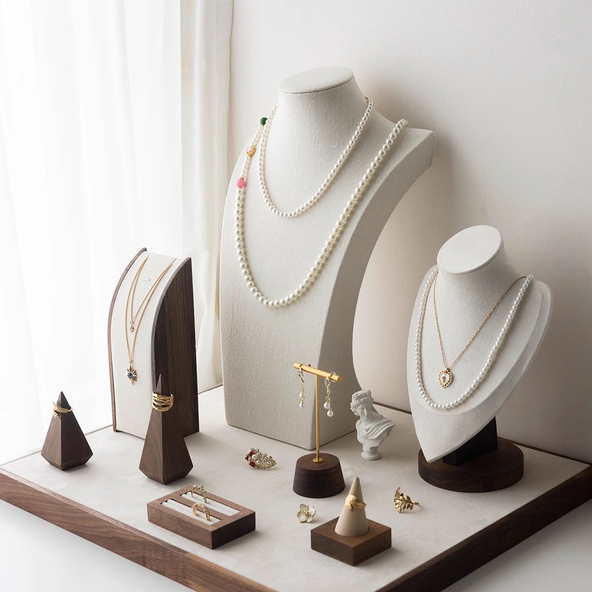 Walnut Wood Jewelry Display Stand for Necklaces, Rings, and Earrings - Countertop Showcase Organizer
