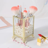 Vintage Glass Makeup Brush Holder with Lid - Dustproof Metal Organizer for Eyebrow Pencils and Brushes