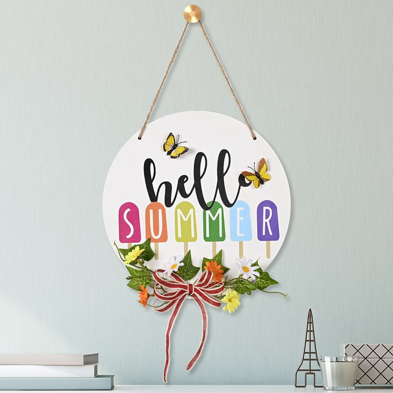 Hello Summer Wooden Door Sign with Bow and Floral Garland