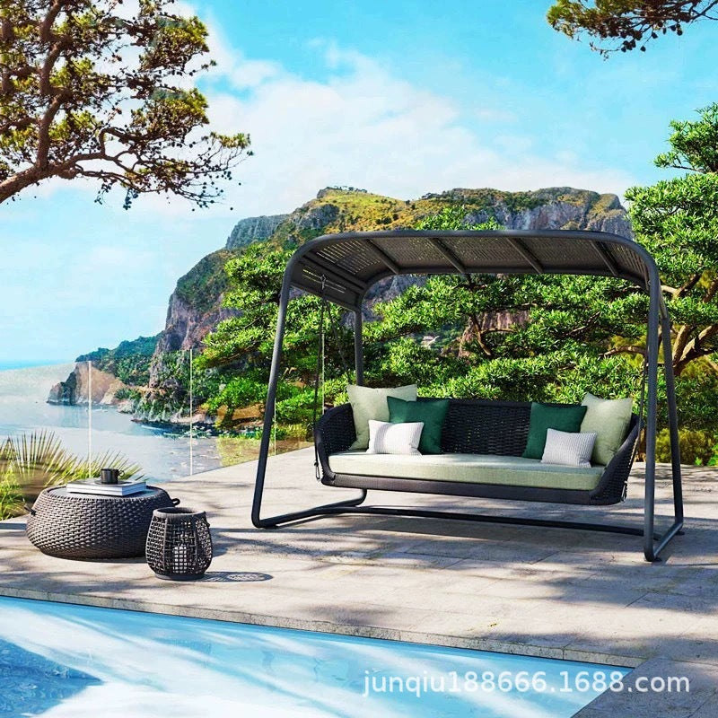 Outdoor Rattan Woven Double Swing Chair with Canopy for Patio Garden Villa Hotel