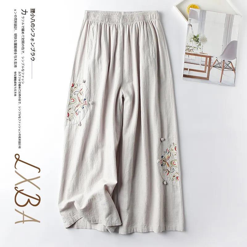 Women's Cotton Linen Embroidered Wide-Leg Cropped Pants
