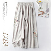 Women's Cotton Linen Embroidered Wide-Leg Cropped Pants