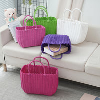 Hand-Woven Plastic Storage Basket with Handle for Shopping, Bath, or Pet Use