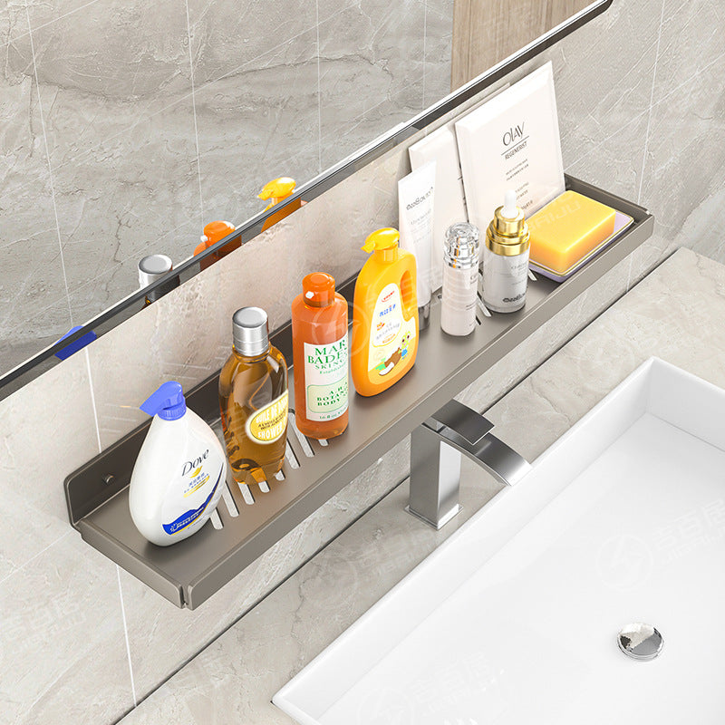No-Drill Wall-Mounted Bathroom Shelf with Faucet Mirror Storage and Drain