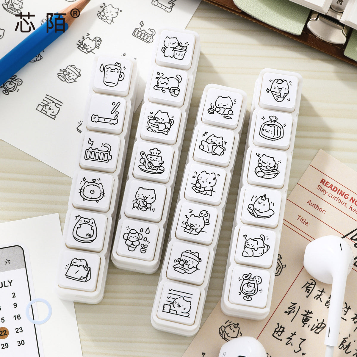 Xinmo 6-in-1 Cat Cartoon Stamp Set for DIY Journals and Planners