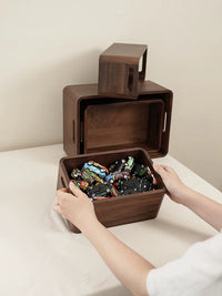 Solid Wood Storage Basket with Handle, Desktop Organizer Bin, Open-Top Wooden Storage Box