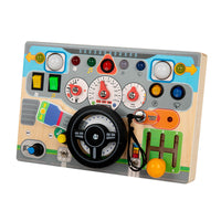 Montessori Steering Wheel Busy Board with LED Lights for Toddlers, Educational Wooden Toy