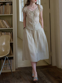 SimpleRetro Tencel Embroidered V-Neck Top & Skirt Set