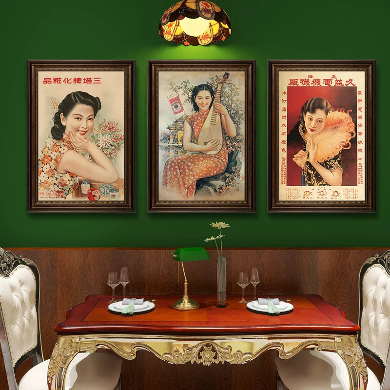 Vintage Shanghai Cheongsam Beauty Wall Art for Home and Commercial Decor