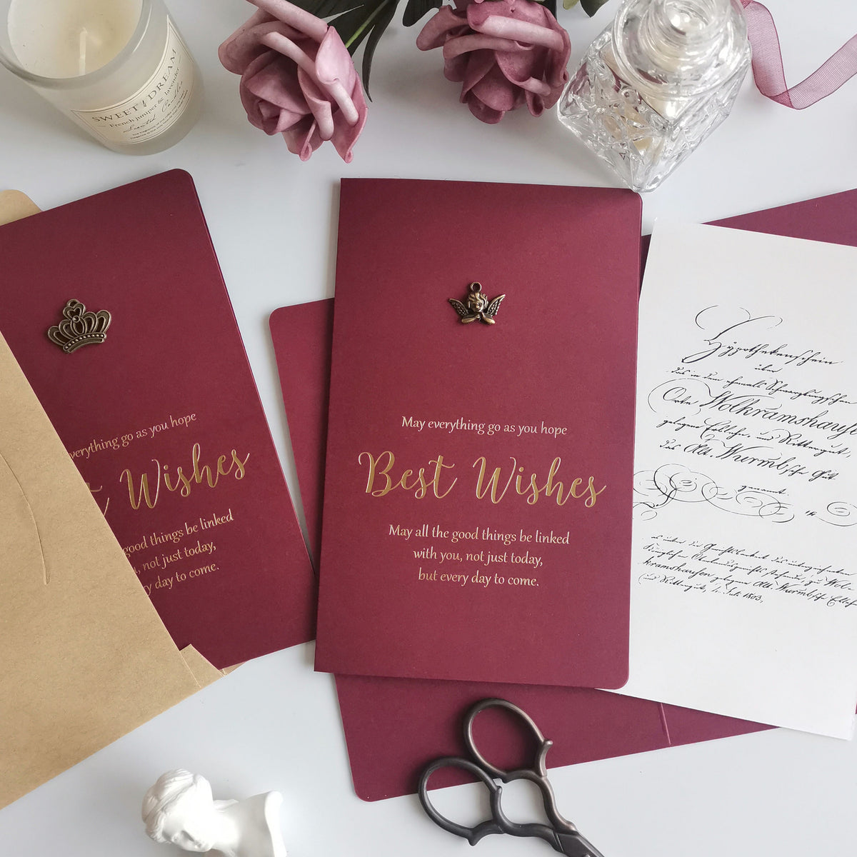 Burgundy Retro Hot Stamping Creative Birthday Card, Thank You, Christmas, New Year Business Greeting Card for Clients