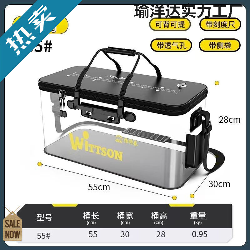 Portable Fishing Bucket with Aerator Pump and Side Pocket for Live Fish