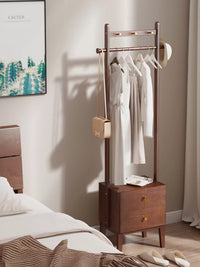 Solid Wood Hall Tree with Storage Drawers and Clothes Rack, Bedroom Nightstand Organizer
