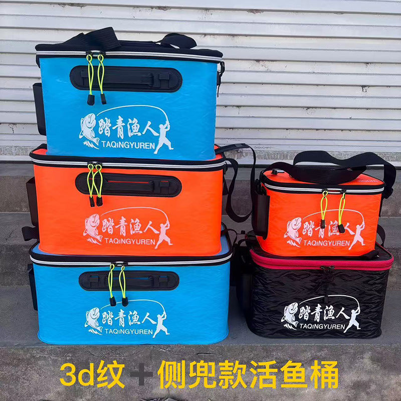 Thickened Foldable Fishing Bucket Live Fish Container with Side Pocket for Fishing Supplies