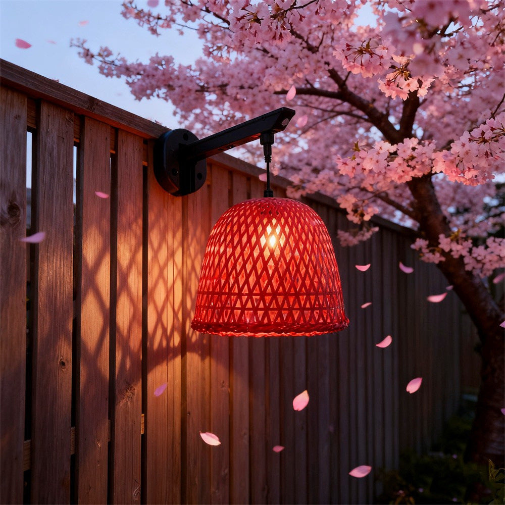 Solar Powered Bamboo Lantern Outdoor Wall Light - Vintage Woven Decorative Lamp for Patio & Garden