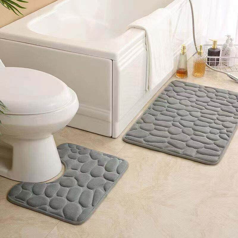 Coral Fleece Pebble Pattern Bathroom Mat Set - Rectangular & U-Shaped Toilet Mats