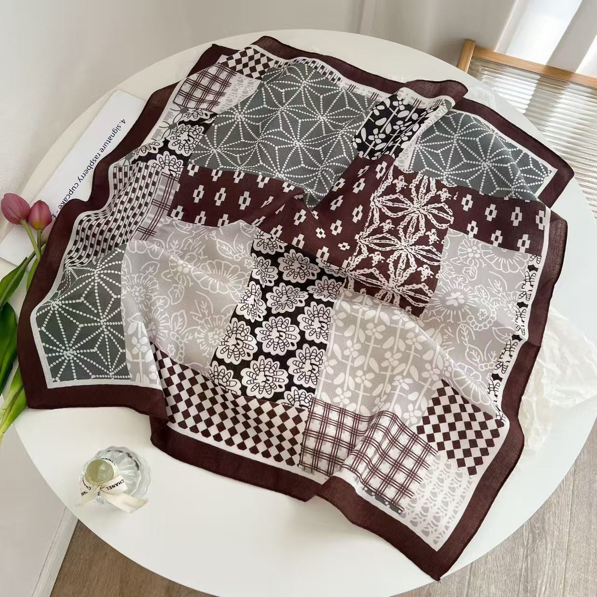 70cm Black and White Paisley Cotton Linen Scarf for Women, Spring Autumn Winter Neck Scarf