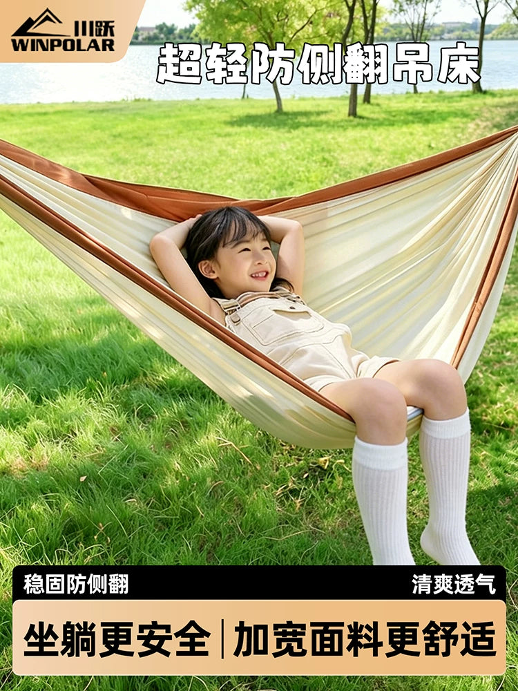 Outdoor Double Hammock with Mosquito Net and Sunshade, Anti-Roll Camping Swing for Adults and Kids
