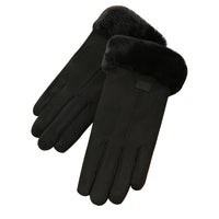 Women's Suede Touchscreen Gloves with Faux Rabbit Fur Cuff, Thickened Warm Winter Gloves