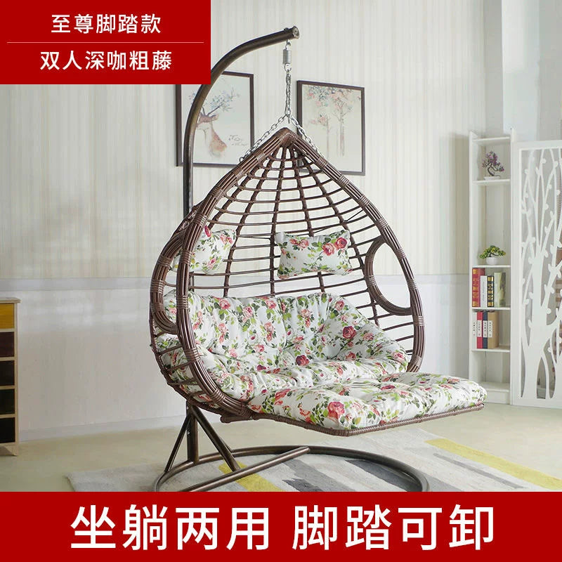 Outdoor Wicker Double Swing Chair with Stand, Patio Garden Hanging Basket Seat, Balcony Lounge Hammock