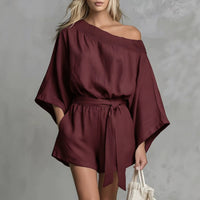 Women's Off-Shoulder Lace Trim Top & Tie-Waist Shorts Set